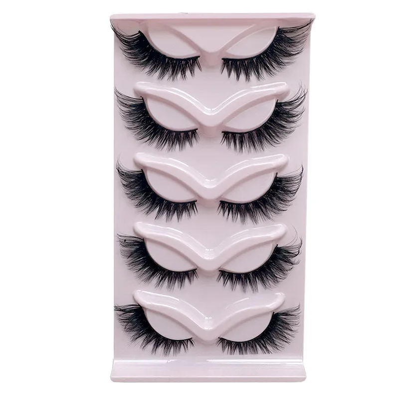 5 Pairs Fox Eye Slanted Strip Lashes – 3D Volume Fluffy Curly False Eyelashes, Natural Look Winged Out Lengthening Faux Mink Eye Lashes, Reusable
